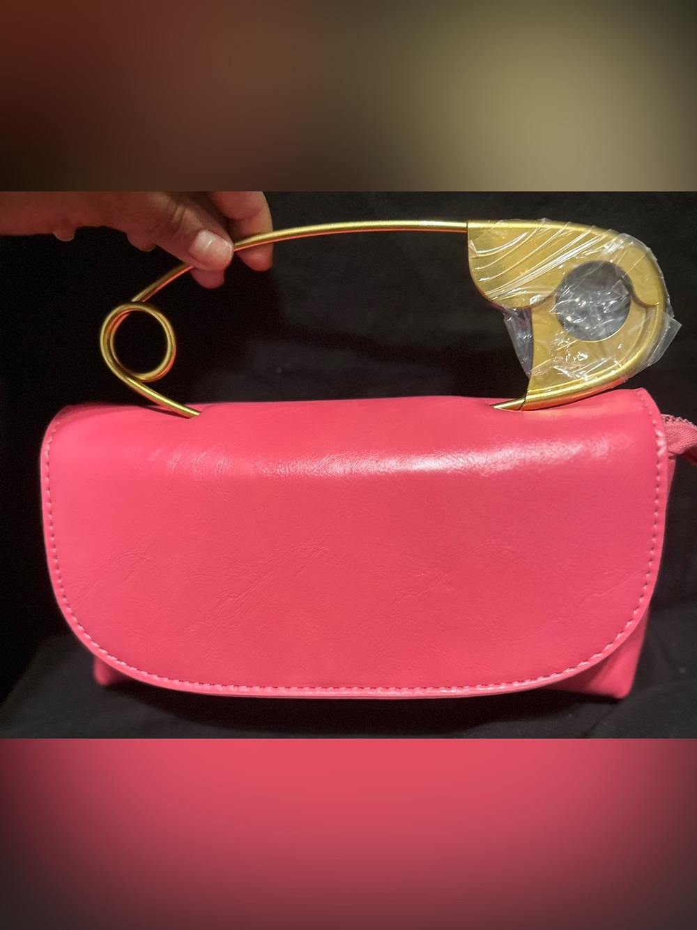 Women’s Stylish Pink Jumbo Gold Safety Pin Handle Bag
